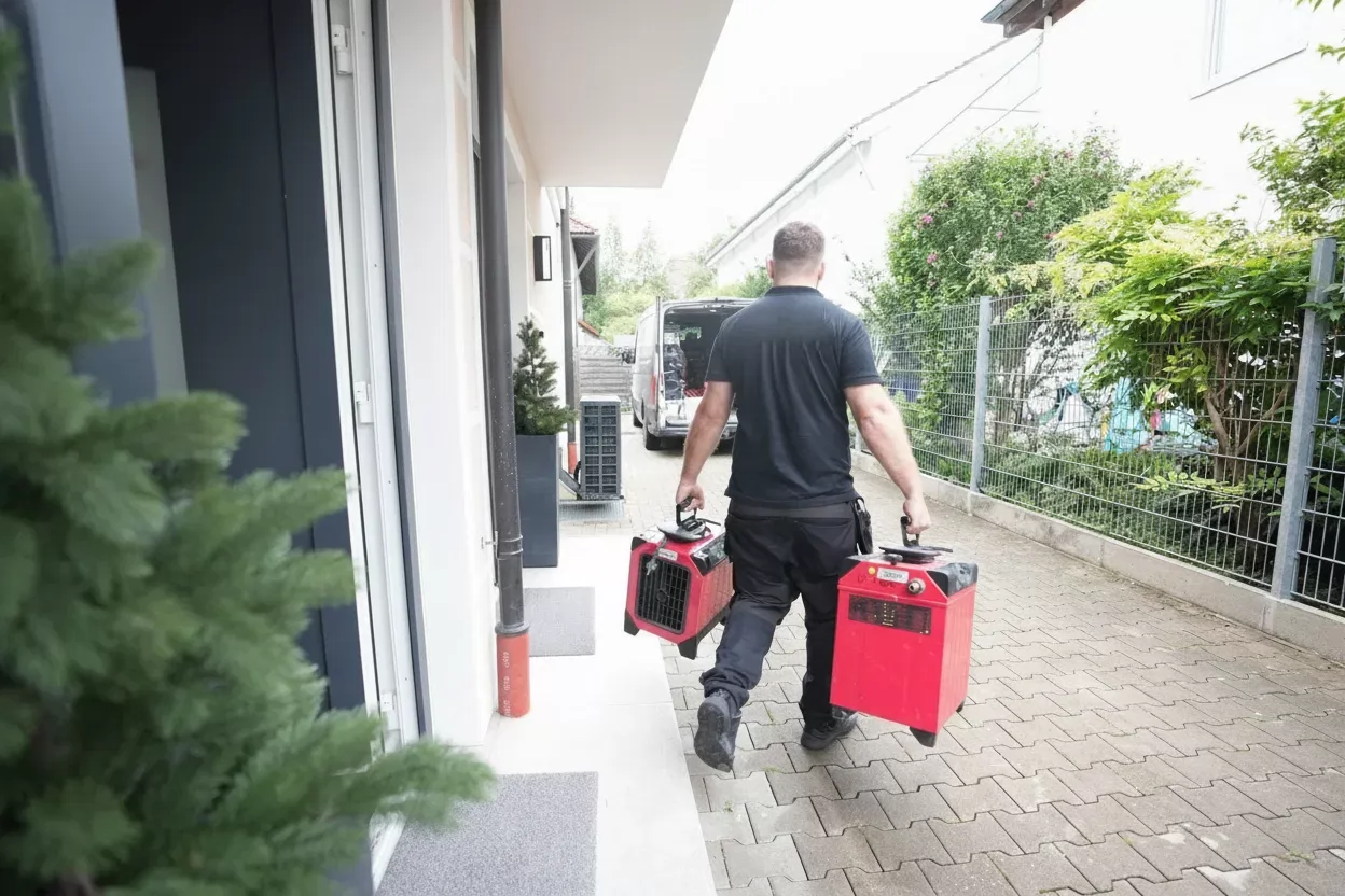 Amiris-Techniker bringt Trocknungsgeräte zu einem Wasserschaden